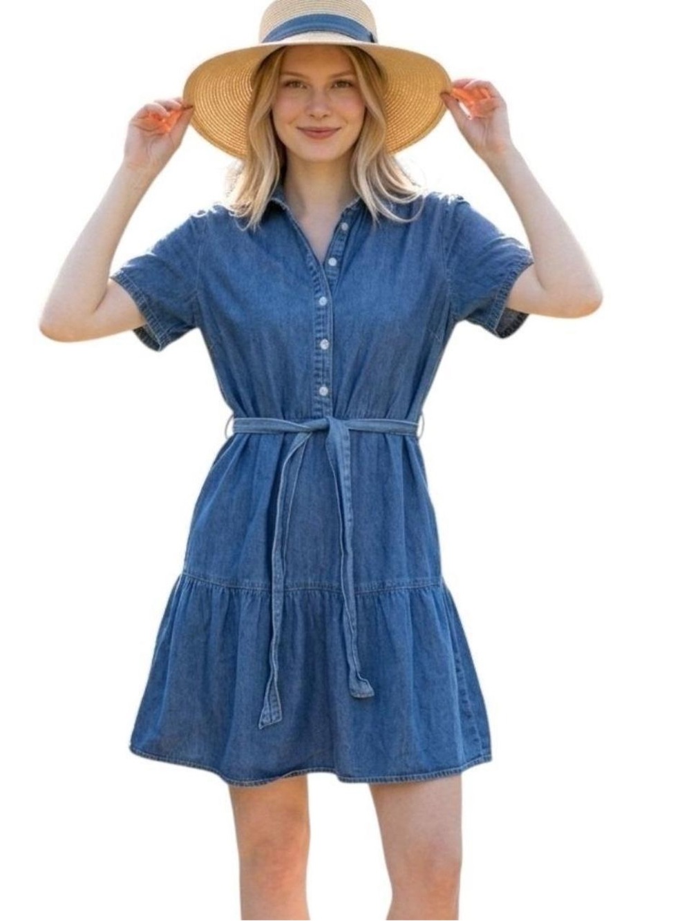 Joie Women’s Blue Denim Short-Sleeve Shirt Dress with Waist Tie Size XL